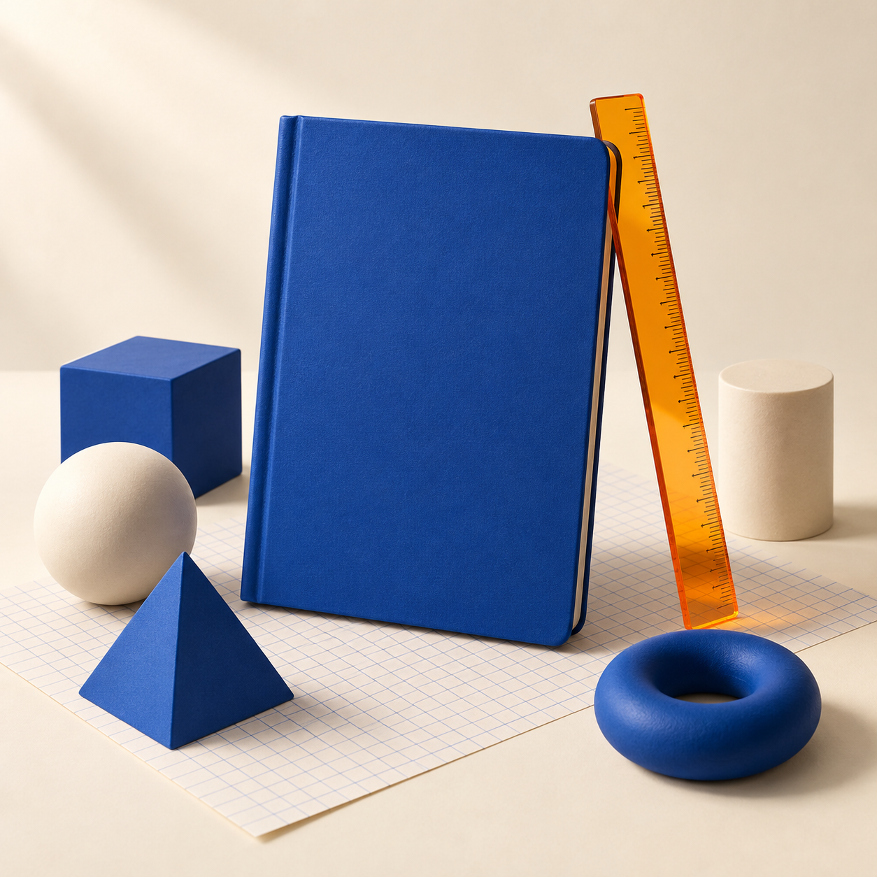 Composição 3D com caderno azul, régua translúcida e formas geométricas